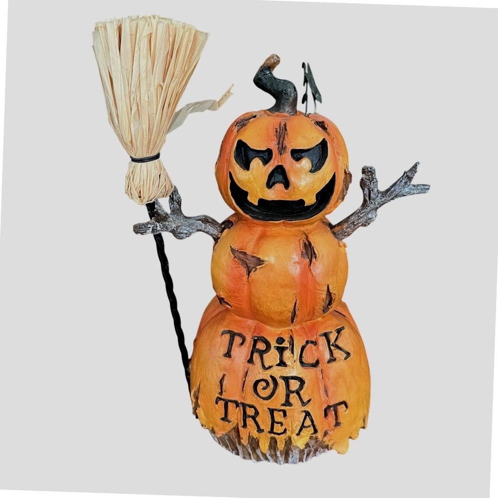 Halloween Trick or Treat Pumpkin Man Figurine Jack-o-LanternBroom 9 Inch Decor